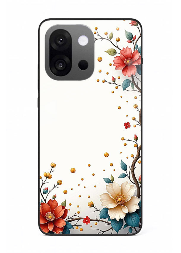Rustic corner blossom artwork on OnePlus 13s glass back cover with textured floral detailing.