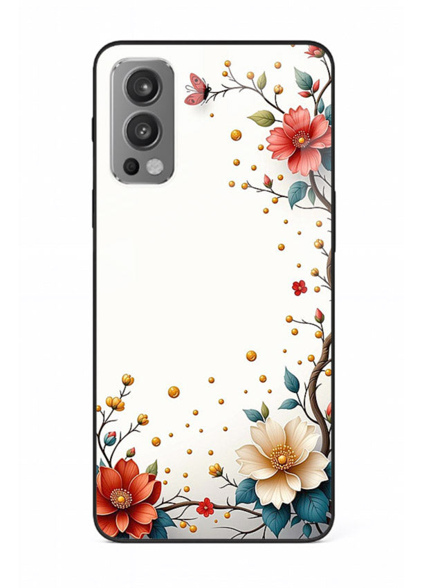 Rustic corner blossom artwork on OnePlus Nord 2 glass back cover with textured floral detailing.