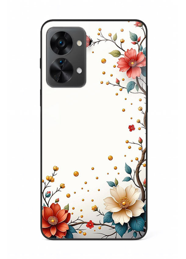 Rustic corner blossom artwork on OnePlus Nord 2T glass back cover with textured floral detailing.