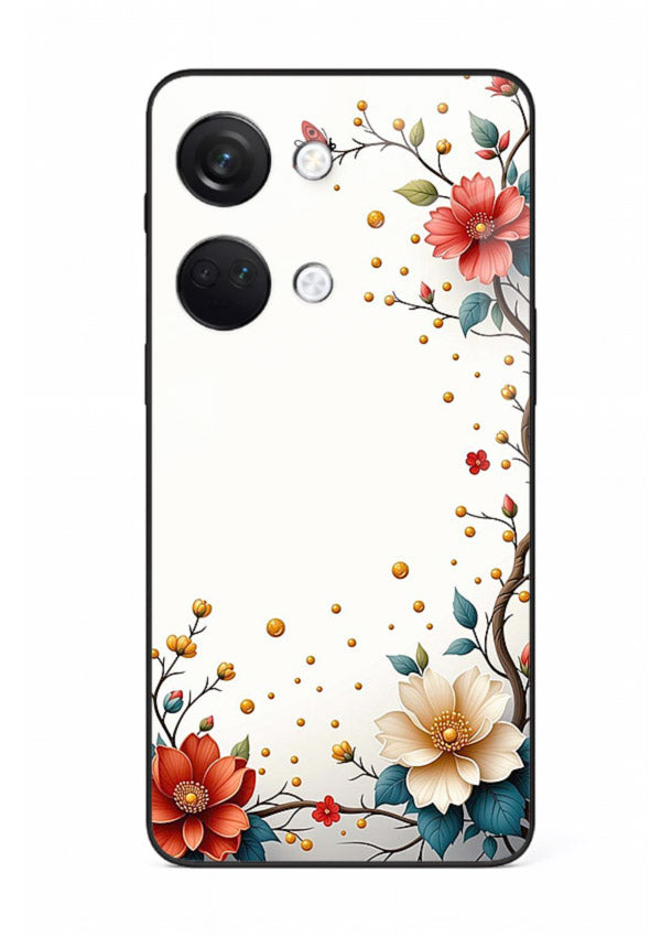 Rustic corner blossom artwork on OnePlus Nord 3 glass back cover with textured floral detailing.