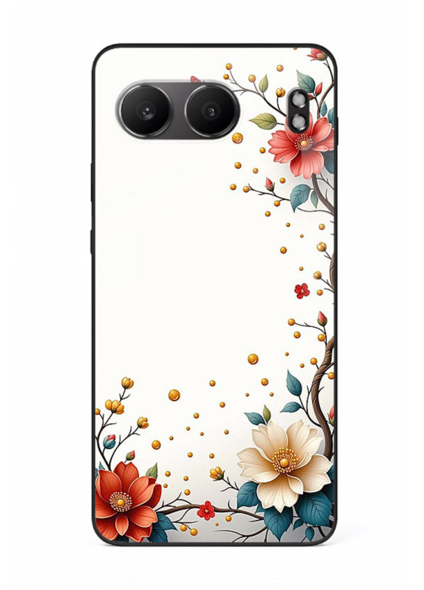Rustic corner blossom artwork on OnePlus Nord 4 glass back cover with textured floral detailing.
