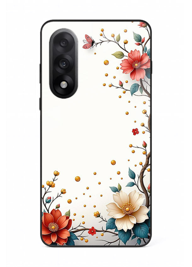 Rustic corner blossom artwork on OnePlus Nord 5 glass back cover with textured floral detailing.