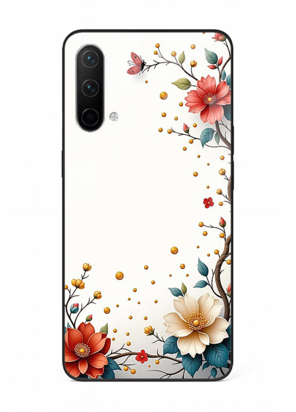 Rustic corner blossom artwork on OnePlus Nord CE 5G glass back cover with textured floral detailing.