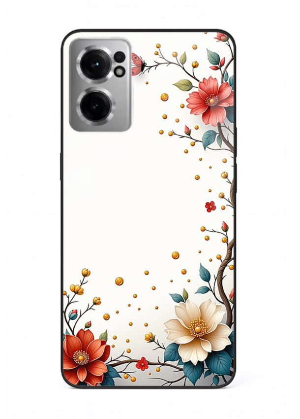 Rustic corner blossom artwork on OnePlus Nord CE2 5G glass back cover with textured floral detailing.