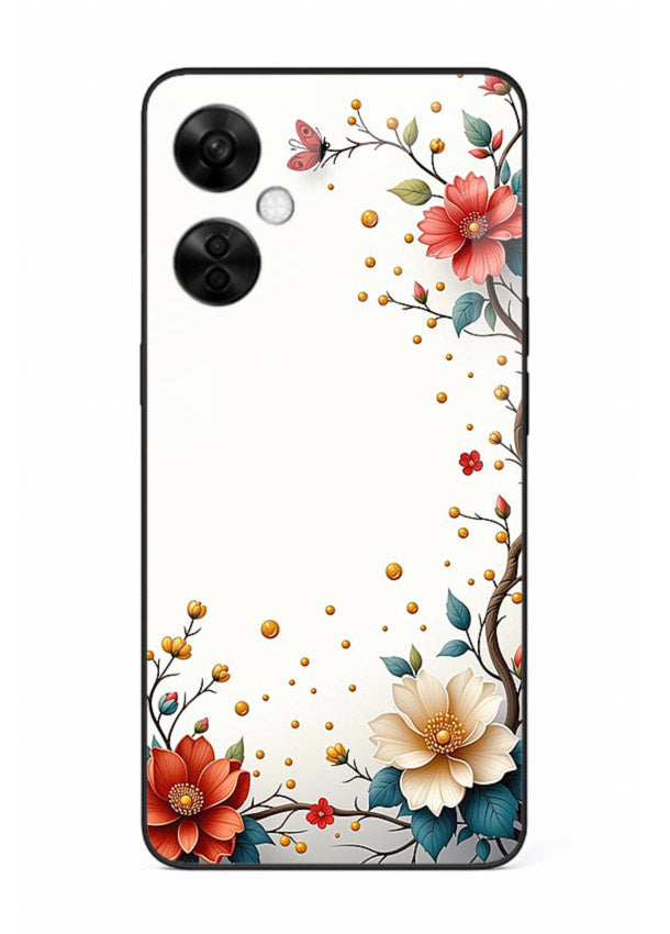 Rustic corner blossom artwork on OnePlus Nord CE3 Lite glass back cover with textured floral detailing.