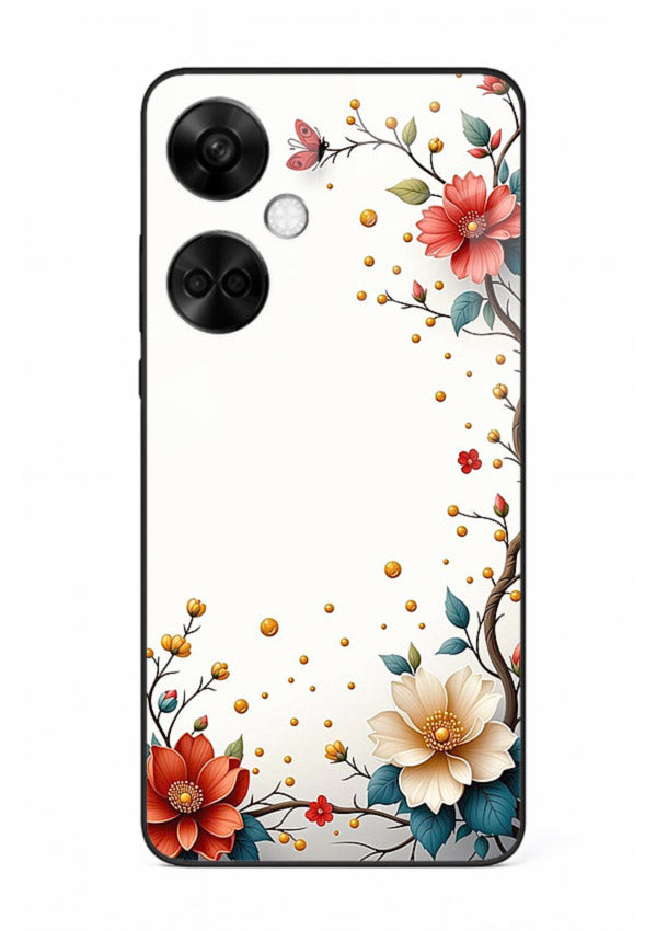 Rustic corner blossom artwork on OnePlus Nord CE3 glass back cover with textured floral detailing.