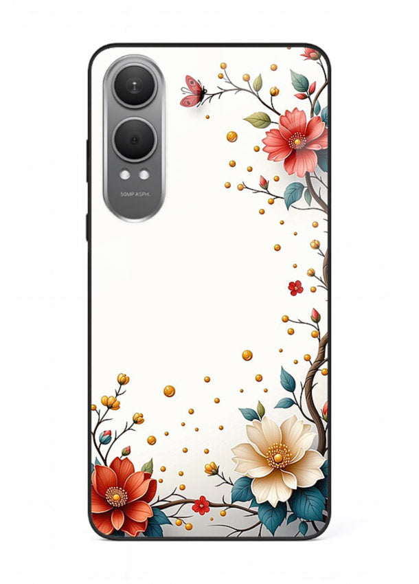 Rustic corner blossom artwork on OnePlus Nord CE4 Lite glass back cover with textured floral detailing.