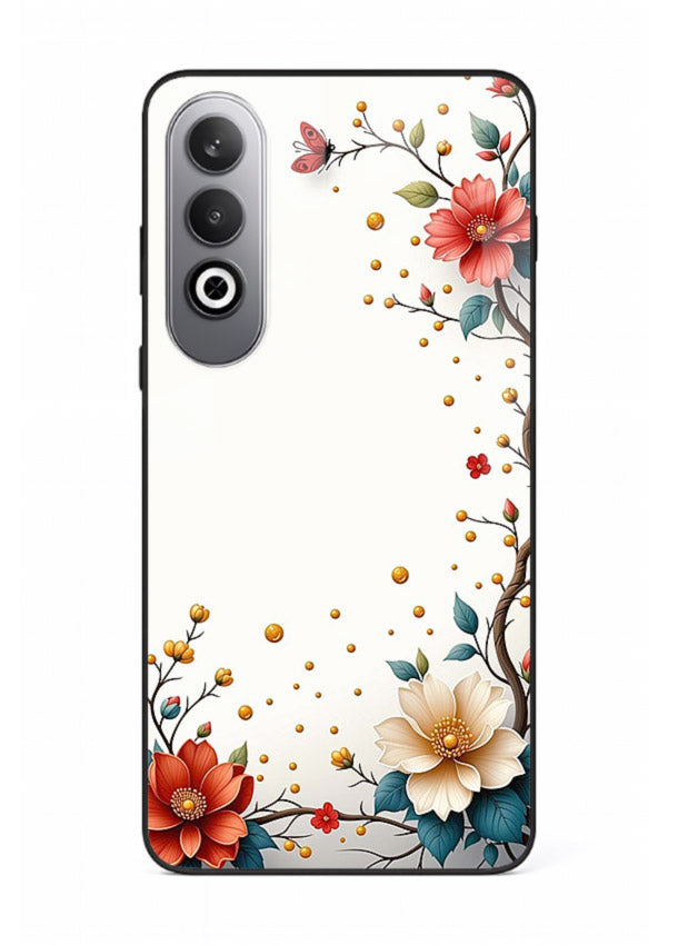 Rustic corner blossom artwork on OnePlus Nord CE4 glass back cover with textured floral detailing.