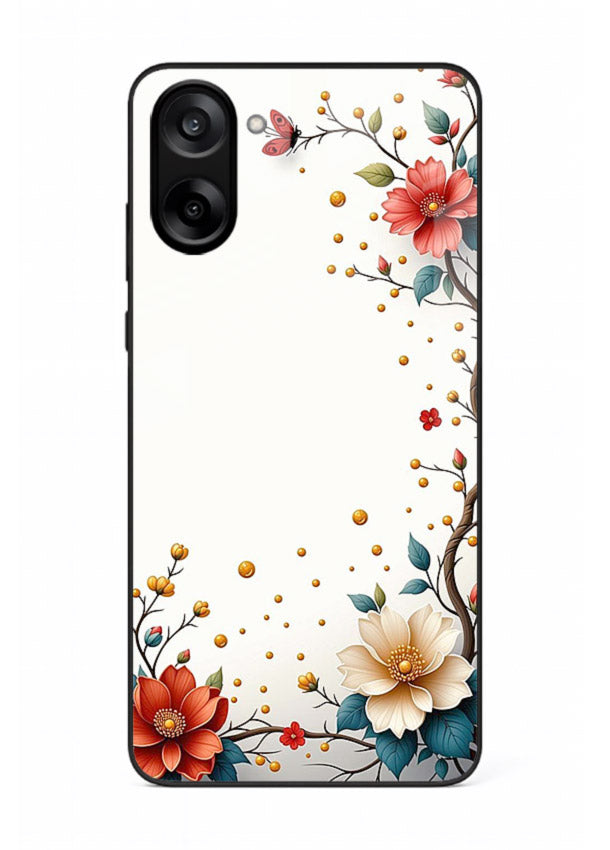 Rustic corner blossom artwork on OnePlus Nord CE5 glass back cover with textured floral detailing.