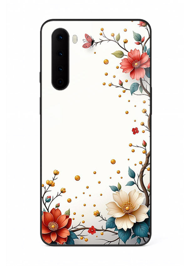 Rustic corner blossom artwork on OnePlus Nord glass back cover with textured floral detailing.