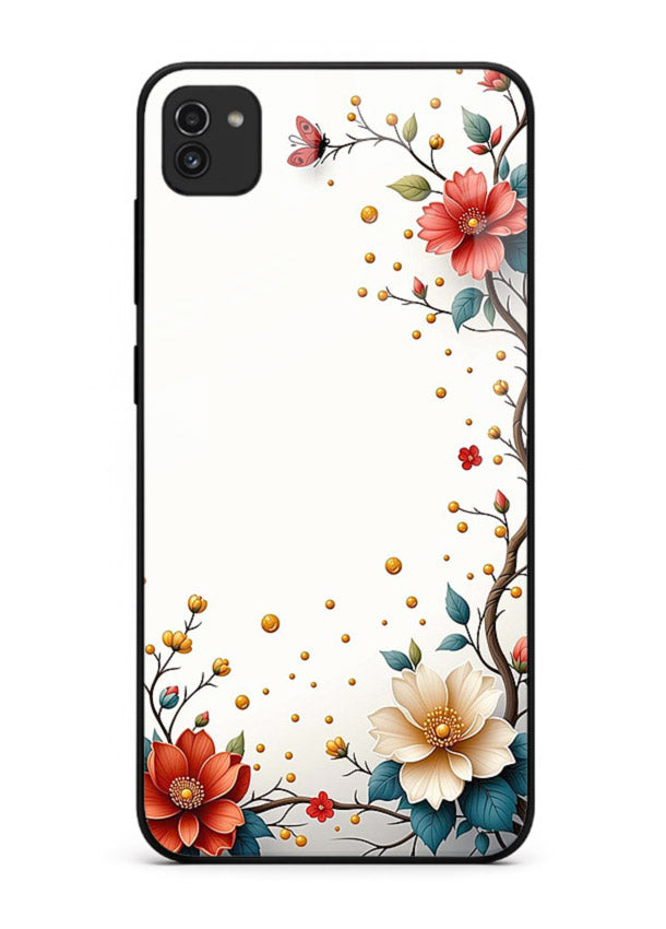 Rustic corner blossom artwork on Samsung A03 glass back cover with textured floral detailing.