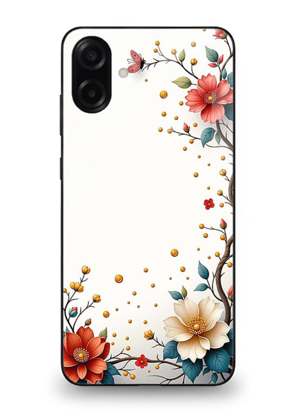 Rustic corner blossom artwork on Samsung M13 5G glass back cover with textured floral detailing.