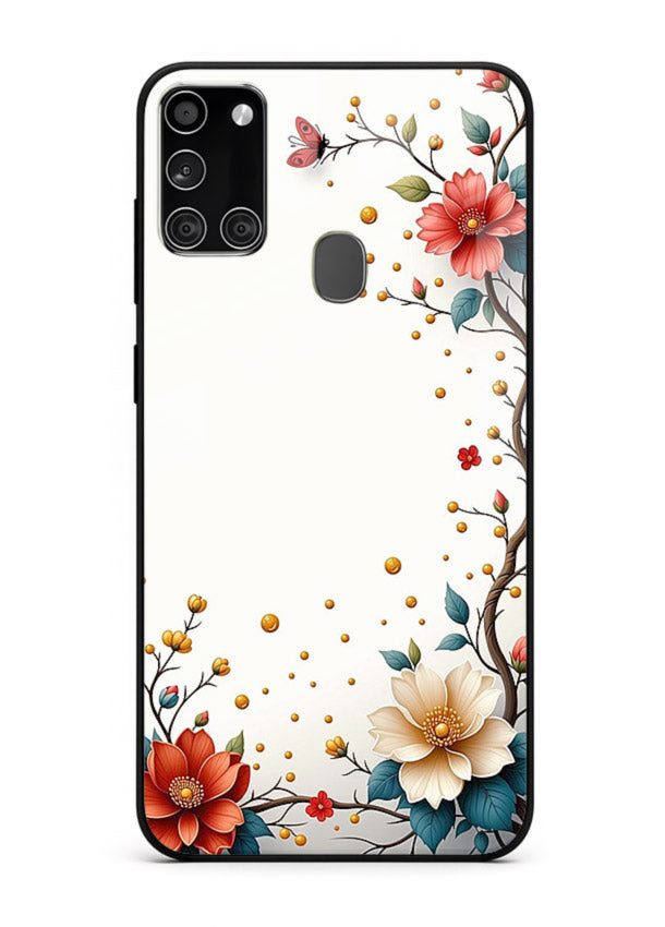 Rustic corner blossom artwork on Samsung A21s glass back cover with textured floral detailing.