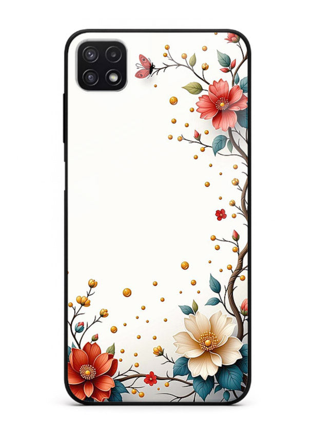 Rustic corner blossom artwork on Samsung F42 5G glass back cover with textured floral detailing.