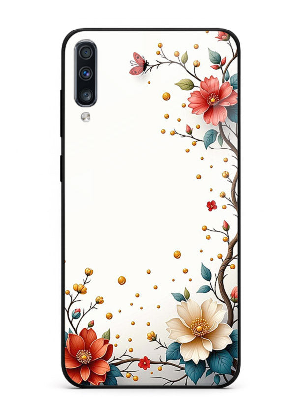 Rustic corner blossom artwork on Samsung A50 glass back cover with textured floral detailing.