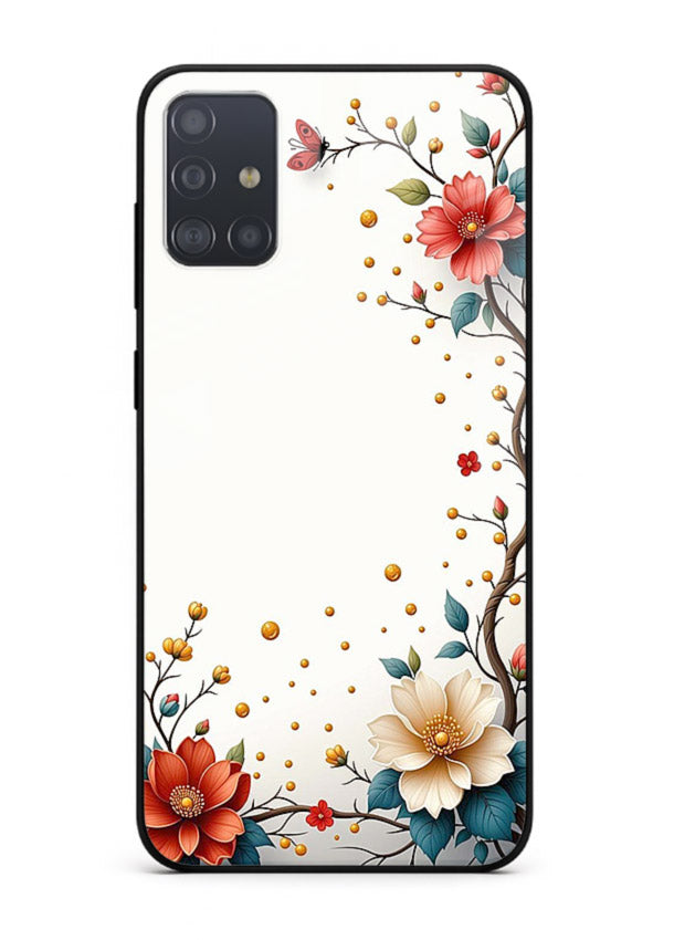 Rustic corner blossom artwork on Samsung A71 glass back cover with textured floral detailing.