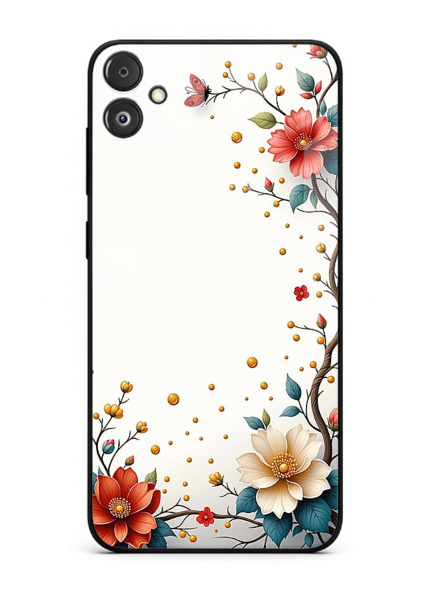 Rustic corner blossom artwork on Samsung F04 5G glass back cover with textured floral detailing.