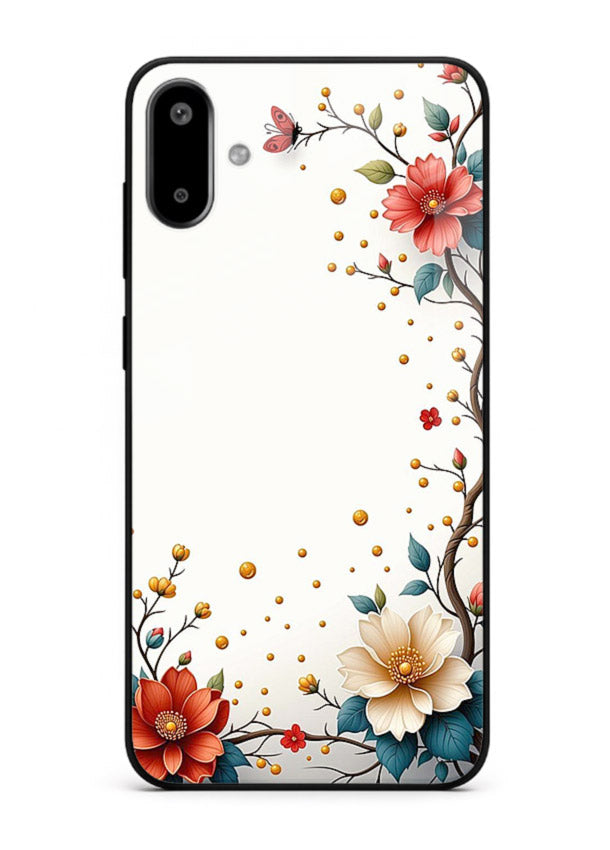 Rustic corner blossom artwork on Samsung F06 5G glass back cover with textured floral detailing.