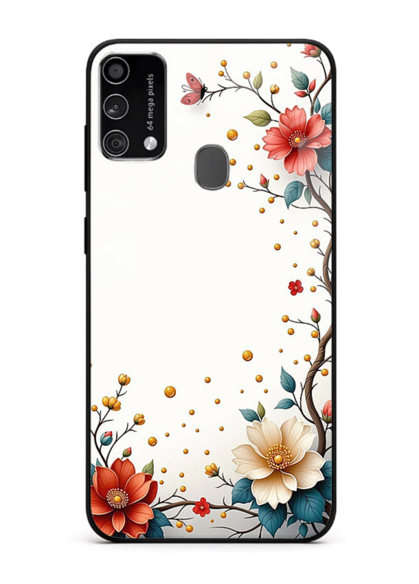 Rustic corner blossom artwork on Samsung F41 glass back cover with textured floral detailing.