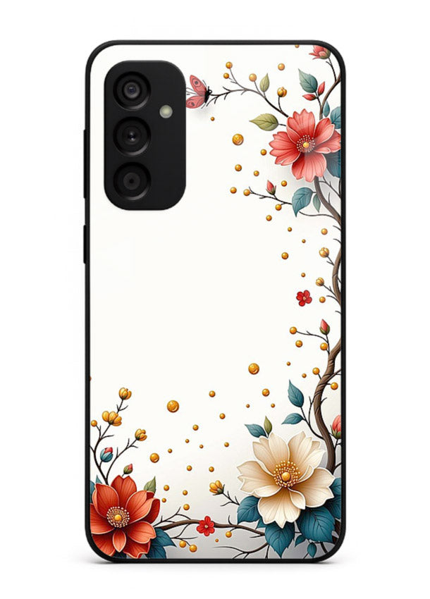 Rustic corner blossom artwork on Samsung F54 5G glass back cover with textured floral detailing.