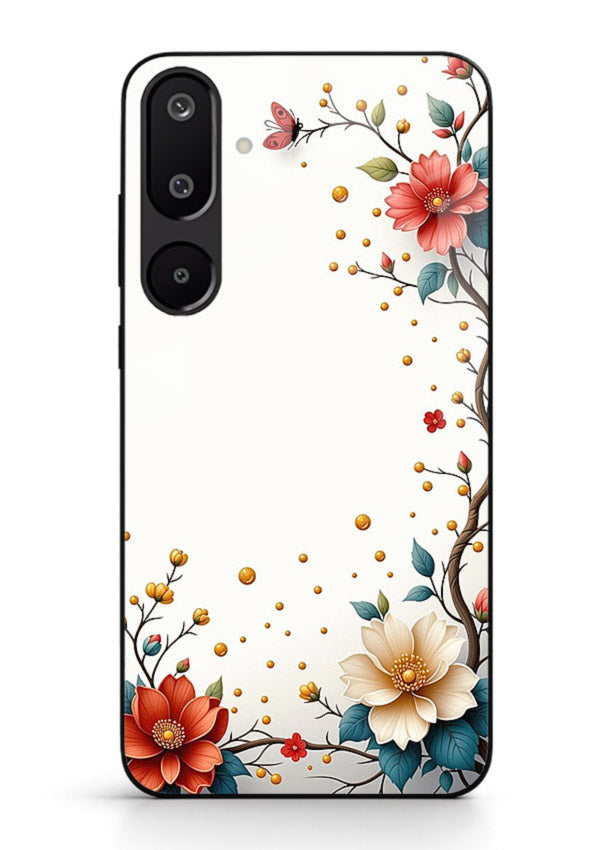 Rustic corner blossom artwork on Samsung M16 5G glass back cover with textured floral detailing.