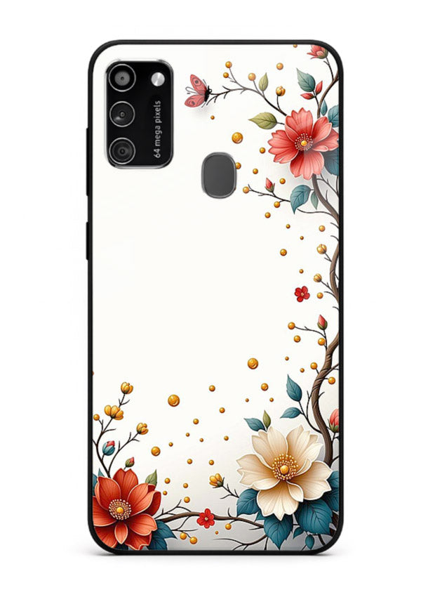 Rustic corner blossom artwork on Samsung M30s glass back cover with textured floral detailing.
