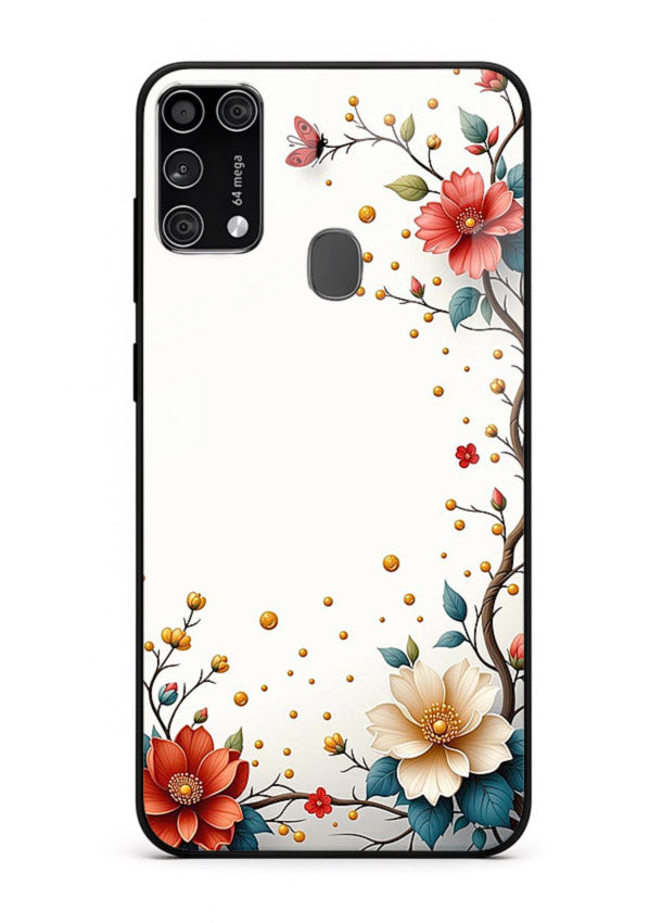 Rustic corner blossom artwork on Samsung M31 Prime glass back cover with textured floral detailing.