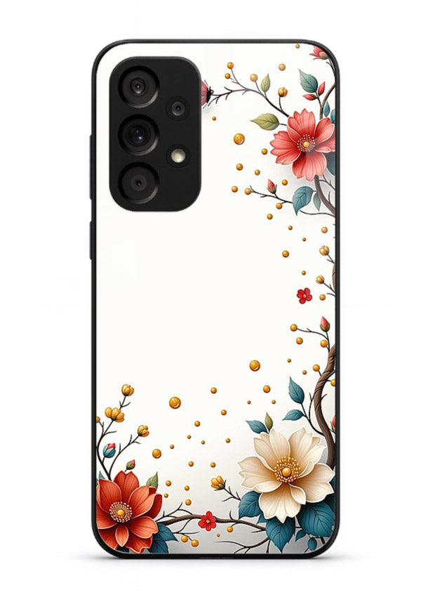 Rustic corner blossom artwork on Samsung A53 5G glass back cover with textured floral detailing.