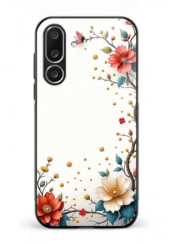 Rustic corner blossom artwork on Samsung F56 5G glass back cover with textured floral detailing.