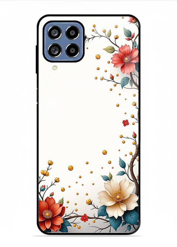 Rustic corner blossom artwork on Samsung A22 4G glass back cover with textured floral detailing.