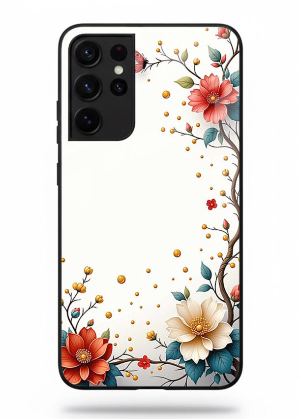 Rustic corner blossom artwork on Samsung S21 Ultra glass back cover with textured floral detailing.