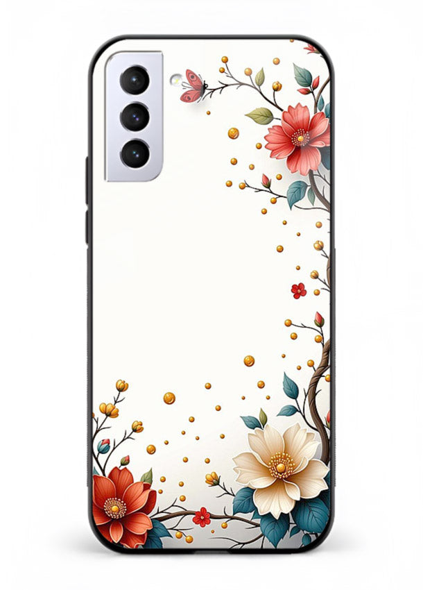 Rustic corner blossom artwork on Samsung S21 Plus glass back cover with textured floral detailing.