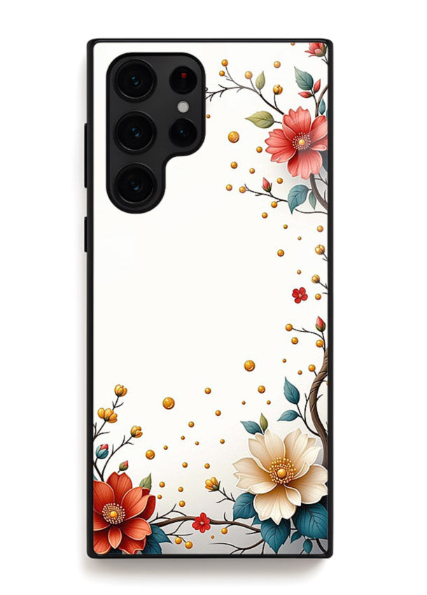 Rustic corner blossom artwork on Samsung S24 Ultra glass back cover with textured floral detailing.