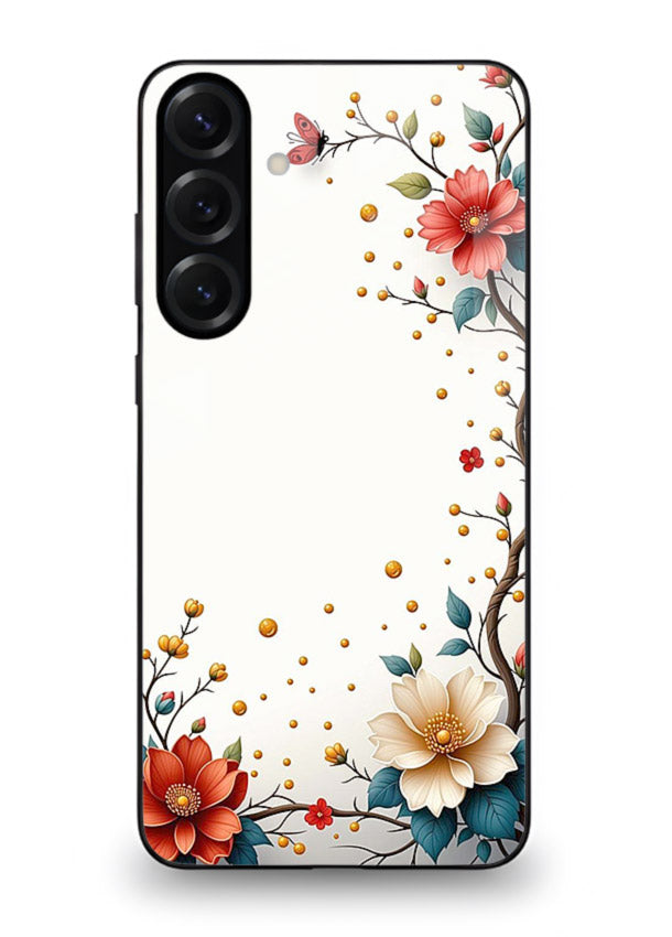 Rustic corner blossom artwork on Samsung A25 5G glass back cover with textured floral detailing.