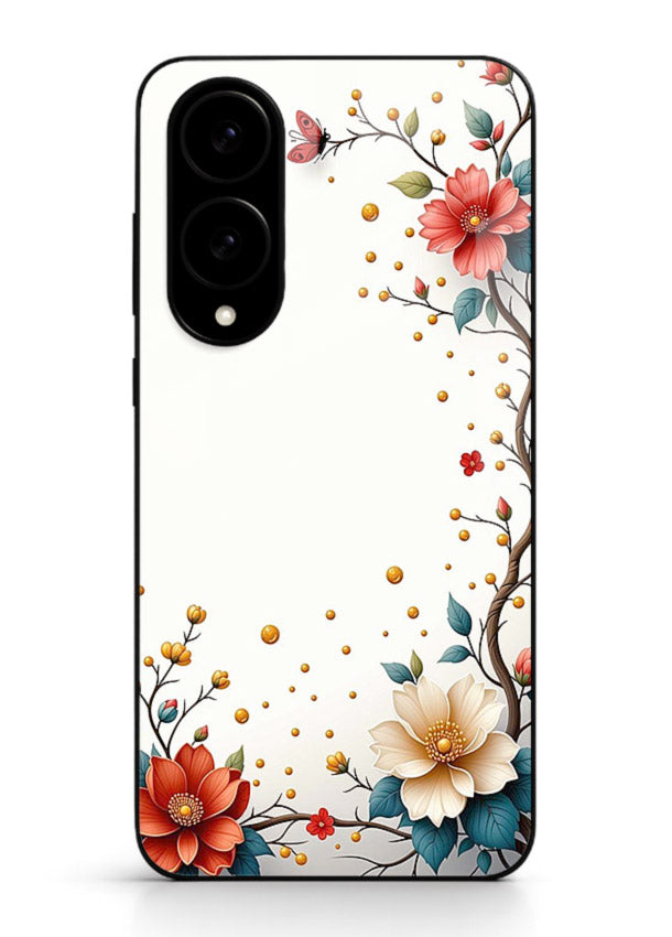 Rustic corner blossom artwork on Samsung S25 Edge glass back cover with textured floral detailing.
