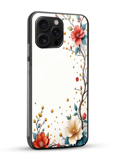 Rustic corner blossom artwork on glossy vibrant premium glass back cover with textured floral detailing. - Angle Side