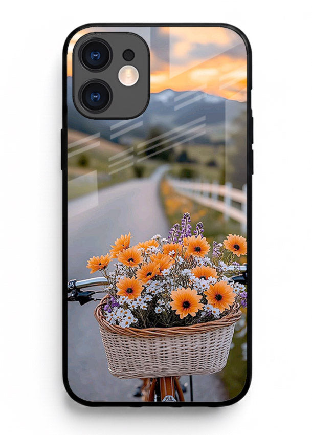 Country floral basket artwork on iphone 11 glass back cover with rustic botanical tones.