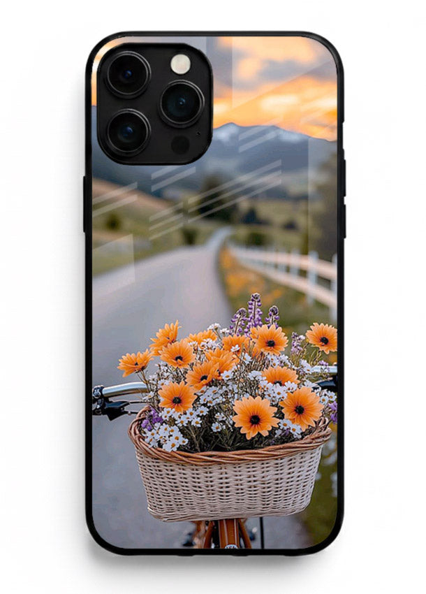 Country floral basket artwork on iphone 16 pro max glass back cover with rustic botanical tones.
