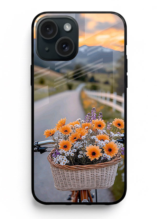 Country floral basket artwork on iphone 13 mini glass back cover with rustic botanical tones.