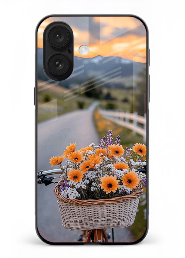 Country floral basket artwork on iphone 18 glass back cover with rustic botanical tones.