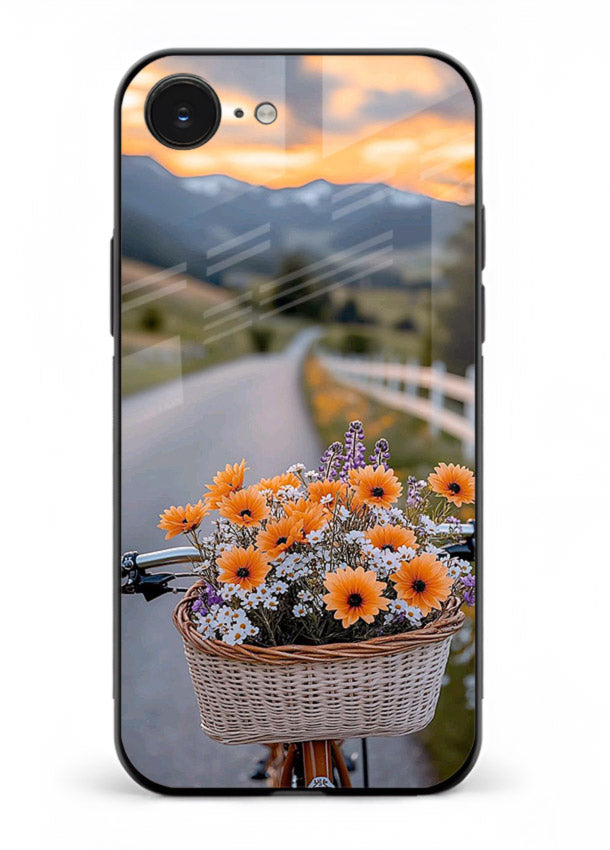 Country floral basket artwork on iphone 16e glass back cover with rustic botanical tones.