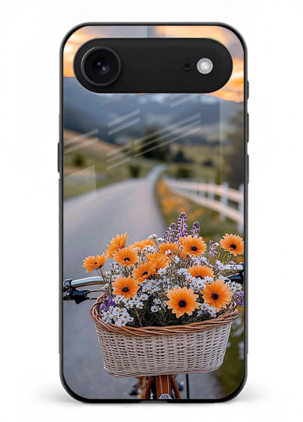 Country floral basket artwork on iphone 18 air glass back cover with rustic botanical tones.