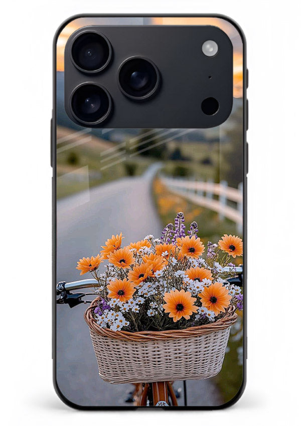 Country floral basket artwork on iphone 18 pro max glass back cover with rustic botanical tones.