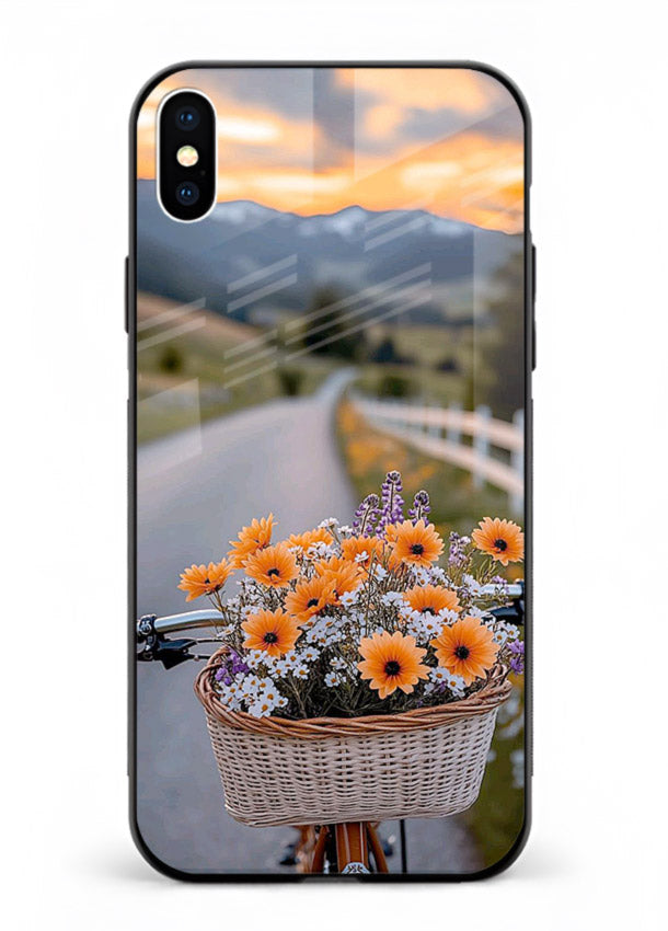 Country floral basket artwork on iphone xs max glass back cover with rustic botanical tones.