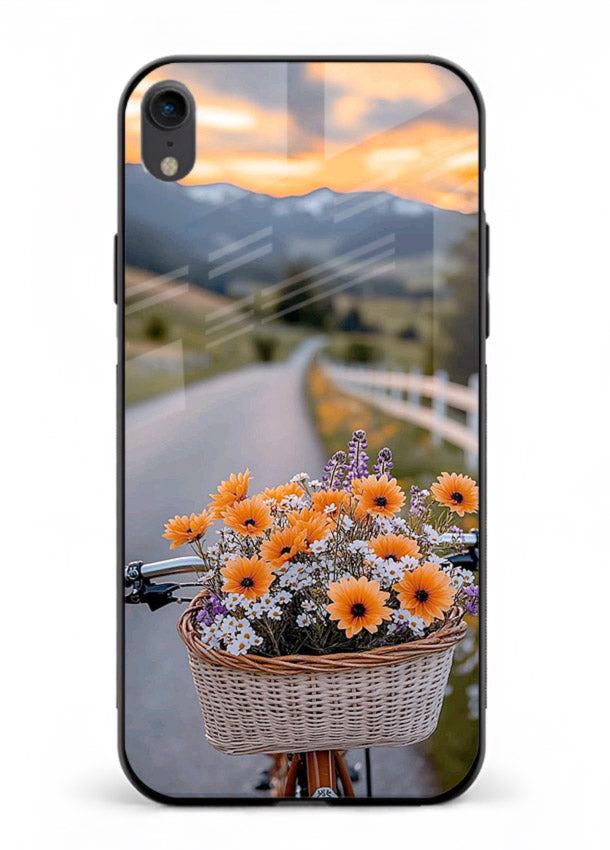 Country floral basket artwork on iphone xr glass back cover with rustic botanical tones.