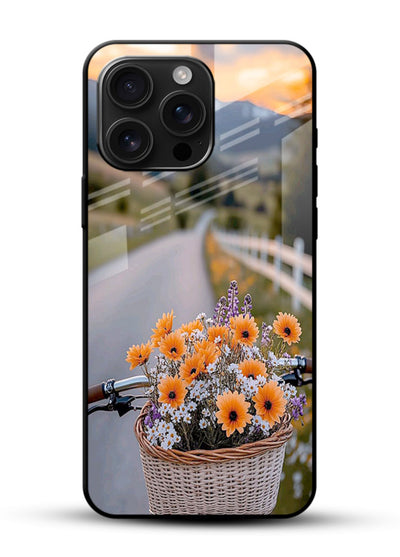 Country floral basket artwork on glossy vibrant premium glass back cover with rustic botanical tones. - Angle Front