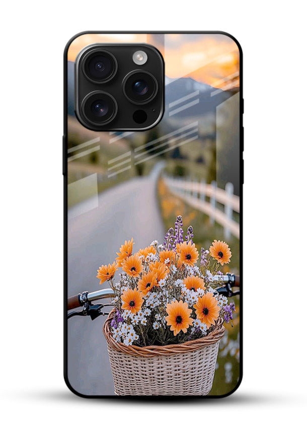 Country floral basket artwork on glossy vibrant premium glass back cover with rustic botanical tones. - Angle Front