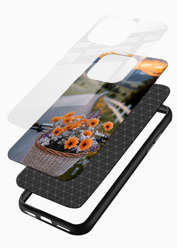 Country floral basket artwork on glossy vibrant premium glass back cover with rustic botanical tones. - Angle Layers