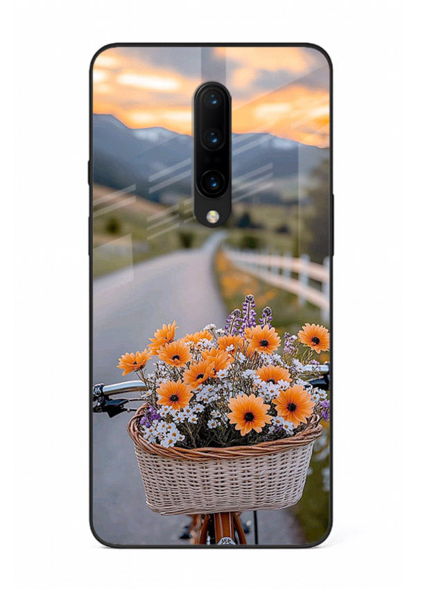 Country floral basket artwork on OnePlus 7 Pro glass back cover with rustic botanical tones.