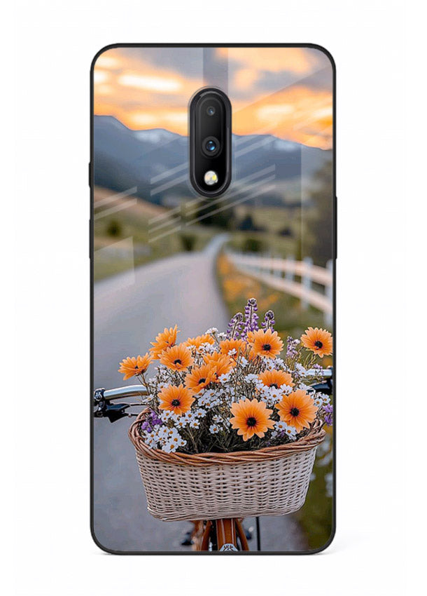 Country floral basket artwork on OnePlus 7 glass back cover with rustic botanical tones.